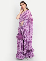 Purple Bird Print Frill Saree