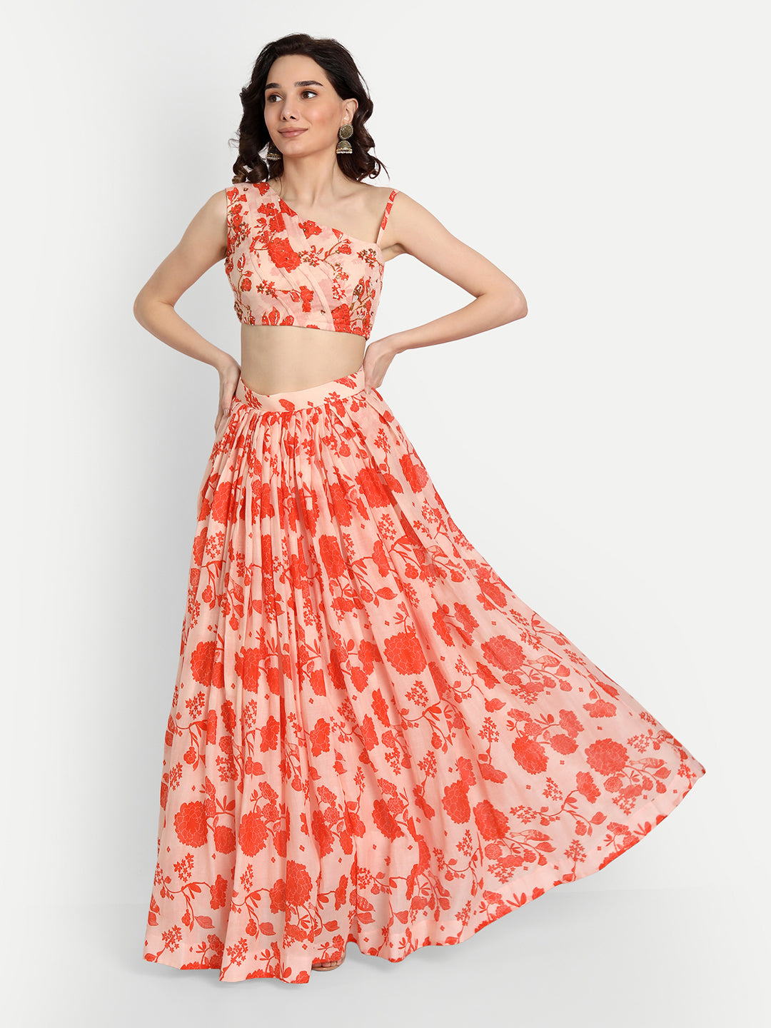 Orange Bird Print Lehenga With One Shoulder Blouse