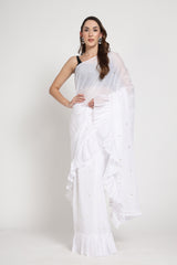 White Frill Saree With Sequence