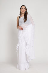 White Frill Saree With Sequence