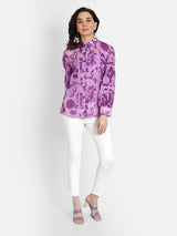 Purple Bird Print Lace Collar Shirt