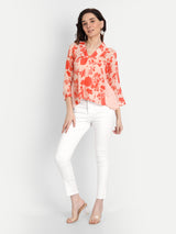 Orange Bird Print Side Pleated Top