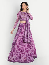 Purple Bird Print Lehenga With Blouse And Dupatta