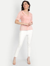 Peach Pleated Lace Collar Shirt