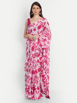 Pink Bird Print Frill Saree