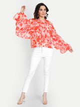 Orange Bird Print Frill Top