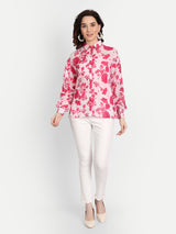 Pink Bird Print Scallop Collar Shirt