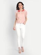 Peach Pleated Rose Embroidery Collar Shirt