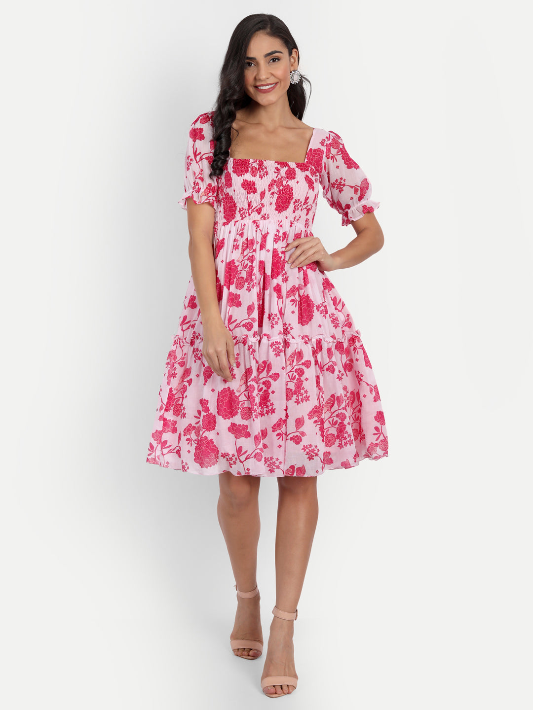 Pink Bird Print Smoky Pattern Dress