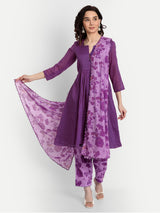 Purple Bird Print Pleated Kurta Set