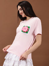 Baby Pink flower  Crochet Pocket T-shirt