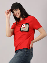 White Flower Crochet Pocket Red T-shirt