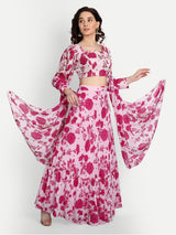 Pink Bird Print Lehenga With Bishop Sleeve Blouse And Dupatta