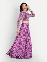 Purple Bird Print Lehenga With Blouse And Dupatta