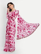 Pink Bird Print Draped Saree With Blouse