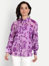 Purple Bird Print Lace Collar Shirt