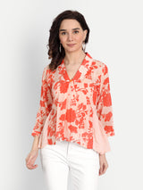 Orange Bird Print Side Pleated Top