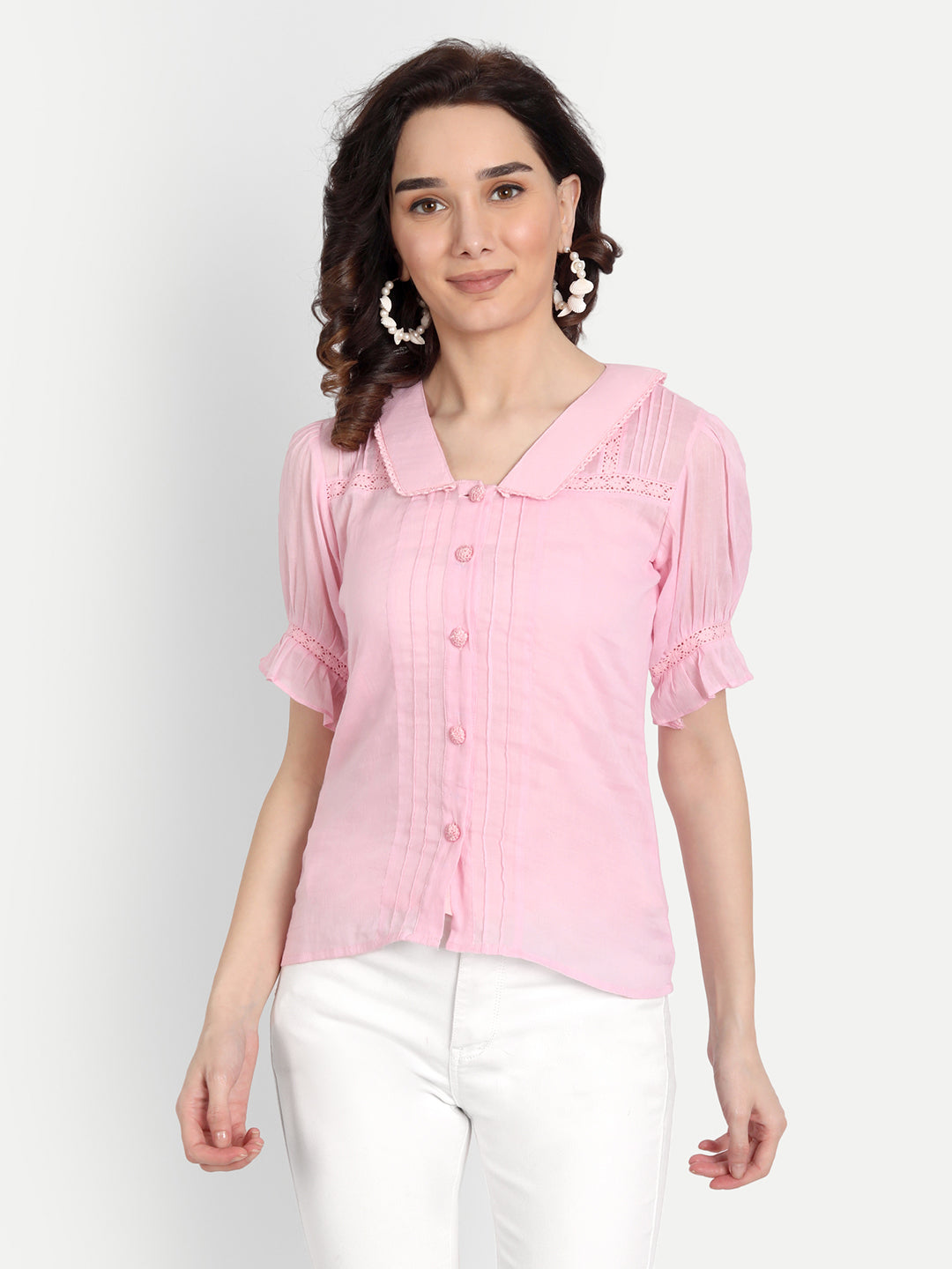 Baby Pink Pleated Lace Collar Shirt