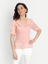 Peach Pleated Lace Collar Shirt