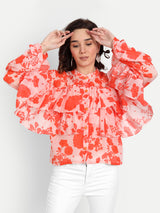 Orange Bird Print Frill Top