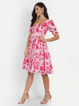 Pink Bird Print Smoky Pattern Dress