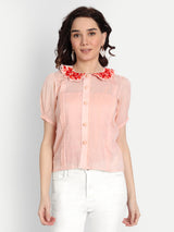 Peach Pleated Rose Embroidery Collar Shirt