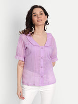 Lavender Pleated Lace Collar Shirt