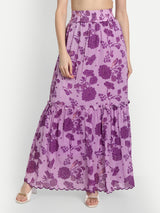 Bird Print Purple Ruffle Skirt