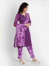 Purple Bird Print Pleated Kurta Set