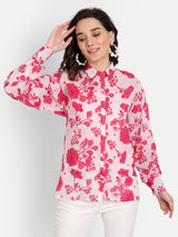 Pink Bird Print Scallop Collar Shirt