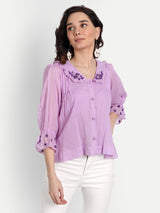 Lavender Pleated Rose Embroidery Collar Shirt