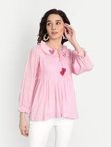 Baby Pink Heart Embroidery Collar Top