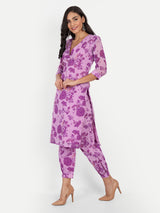 Purple Bird Print Kurta Set