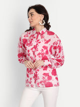 Pink Bird Print Scallop Collar Shirt