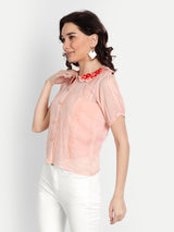 Peach Pleated Rose Embroidery Collar Shirt