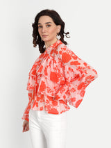 Orange Bird Print Frill Top