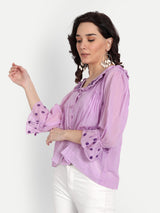 Lavender Pleated Rose Embroidery Collar Shirt