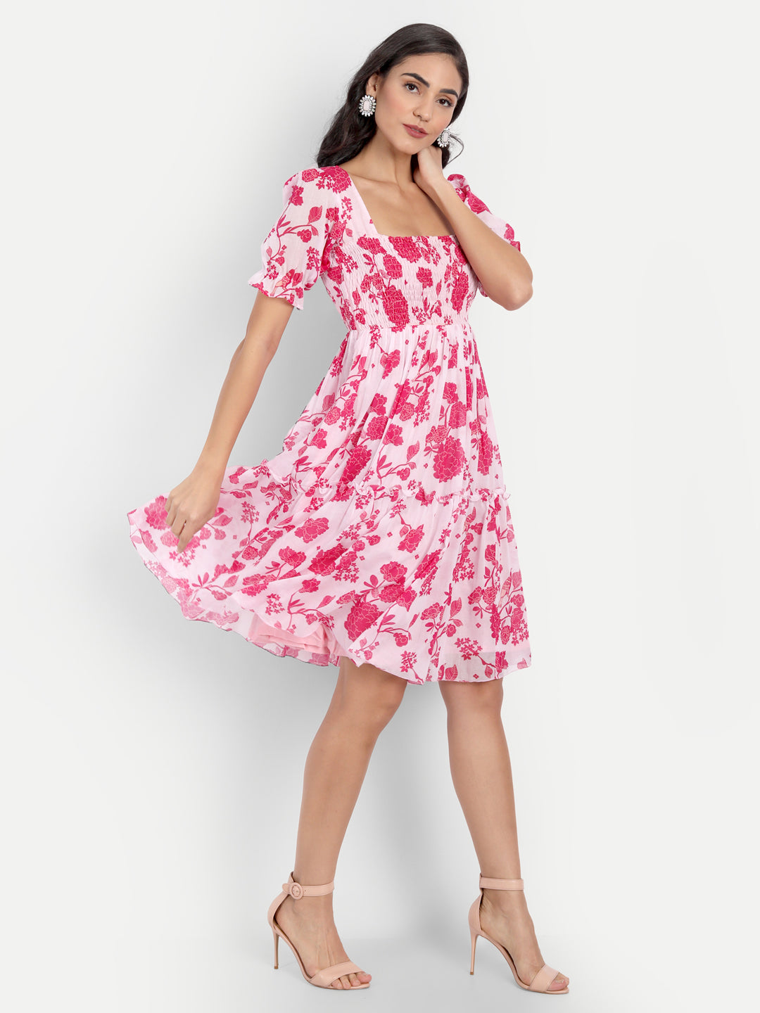 Pink Bird Print Smoky Pattern Dress