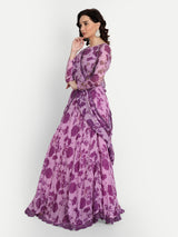 Purple Bird Print Lehenga With Blouse And Dupatta