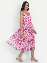 Strap Pink Bird Print Dress