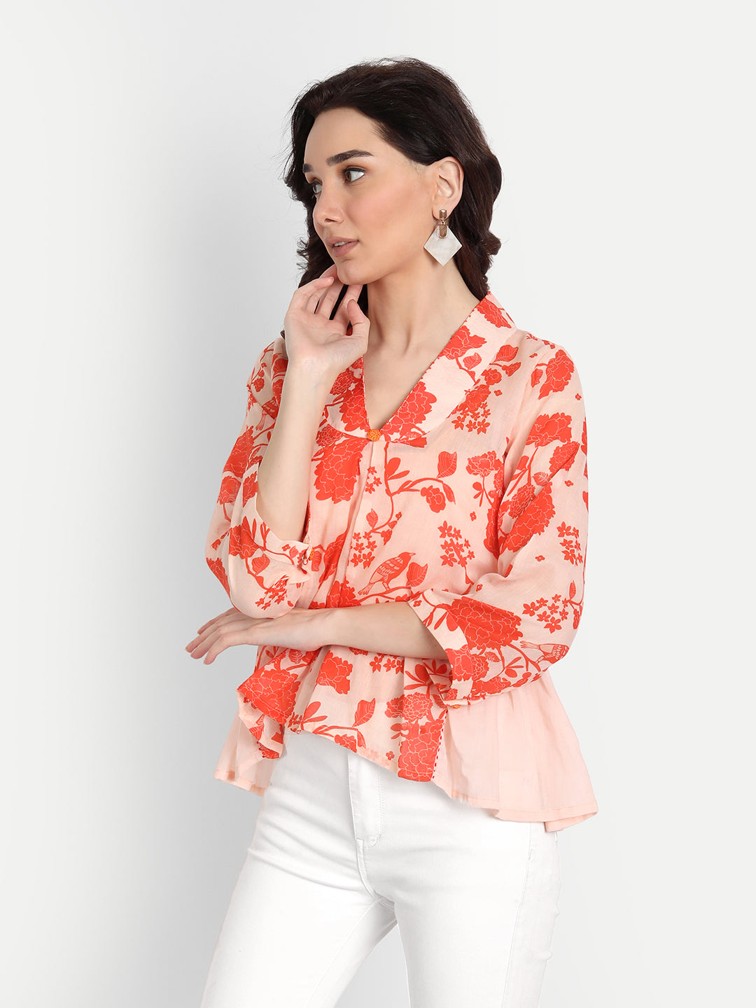 Orange Bird Print Side Pleated Top