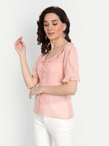 Peach Pleated Lace Collar Shirt