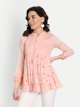 Peach French Knot Embroidery Collar Top