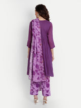 Purple Bird Print Pleated Kurta Set