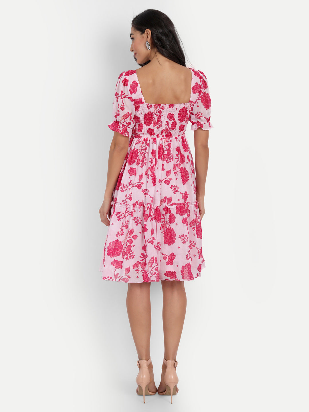 Pink Bird Print Smoky Pattern Dress