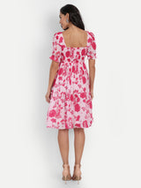 Pink Bird Print Smoky Pattern Dress