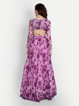 Purple Bird Print Lehenga With Blouse And Dupatta