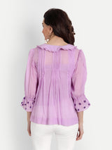 Lavender Pleated Rose Embroidery Collar Shirt