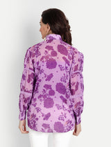 Purple Bird Print Lace Collar Shirt