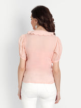 Peach Pleated Rose Embroidery Collar Shirt